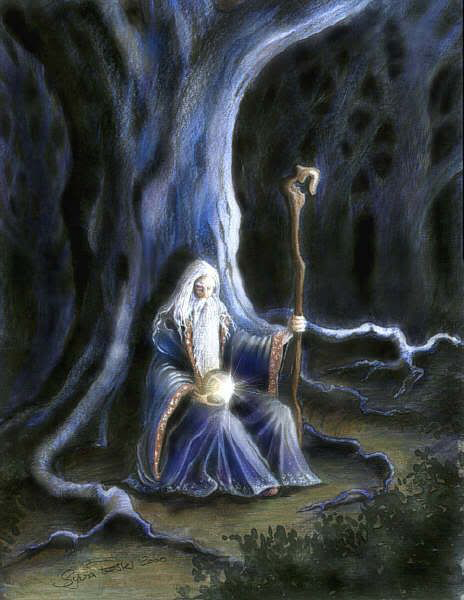the lord high elf sitting under a very old tree